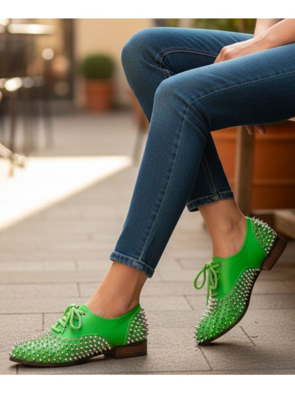 Studded Green Lace-Up Oxford Shoes With Silver Spikes & Wooden Heel